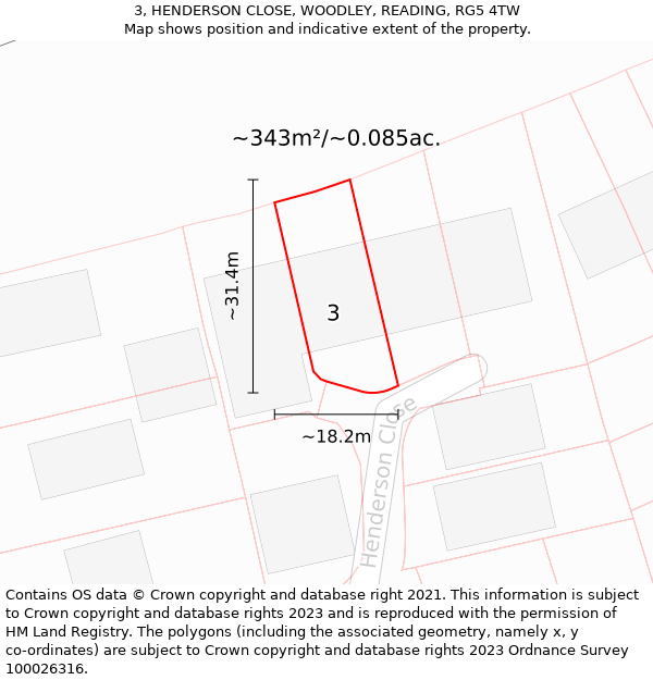 3, HENDERSON CLOSE, WOODLEY, READING, RG5 4TW: Plot and title map