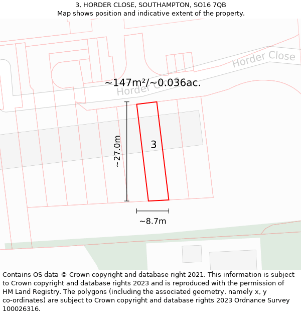 3, HORDER CLOSE, SOUTHAMPTON, SO16 7QB: Plot and title map