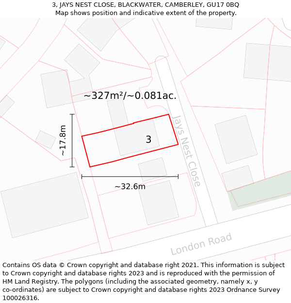 3, JAYS NEST CLOSE, BLACKWATER, CAMBERLEY, GU17 0BQ: Plot and title map