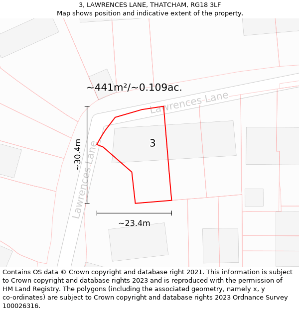 3, LAWRENCES LANE, THATCHAM, RG18 3LF: Plot and title map