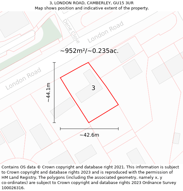 3, LONDON ROAD, CAMBERLEY, GU15 3UR: Plot and title map