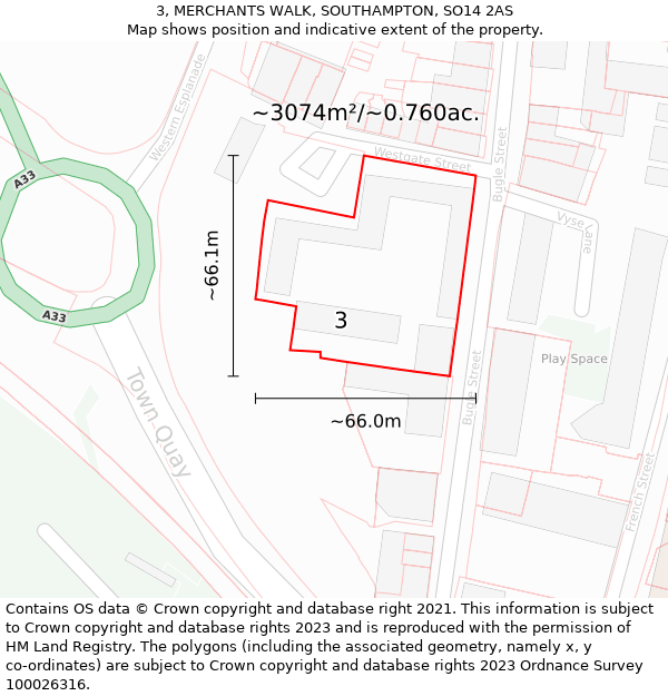 3, MERCHANTS WALK, SOUTHAMPTON, SO14 2AS: Plot and title map