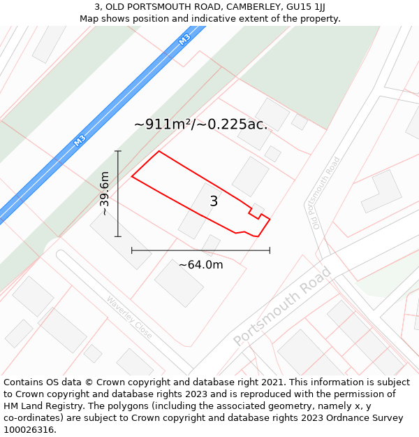 3, OLD PORTSMOUTH ROAD, CAMBERLEY, GU15 1JJ: Plot and title map