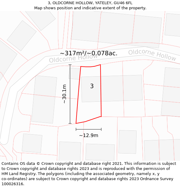 3, OLDCORNE HOLLOW, YATELEY, GU46 6FL: Plot and title map