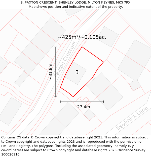 3, PAXTON CRESCENT, SHENLEY LODGE, MILTON KEYNES, MK5 7PX: Plot and title map
