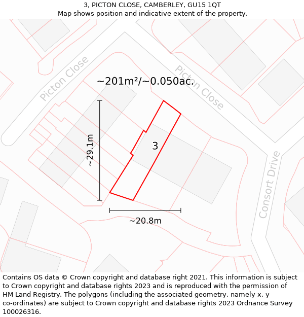 3, PICTON CLOSE, CAMBERLEY, GU15 1QT: Plot and title map