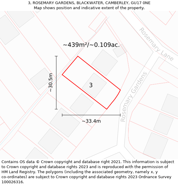 3, ROSEMARY GARDENS, BLACKWATER, CAMBERLEY, GU17 0NE: Plot and title map