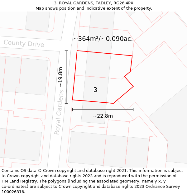 3, ROYAL GARDENS, TADLEY, RG26 4PX: Plot and title map