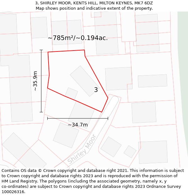 3, SHIRLEY MOOR, KENTS HILL, MILTON KEYNES, MK7 6DZ: Plot and title map