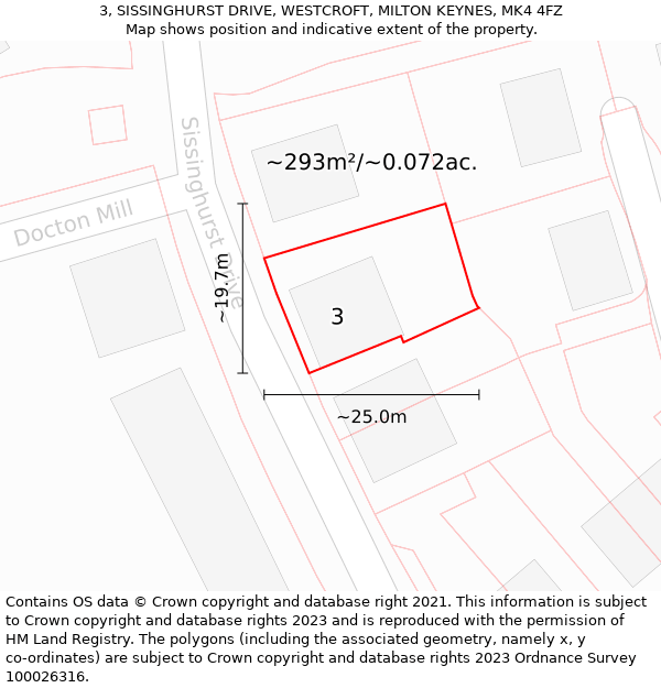 3, SISSINGHURST DRIVE, WESTCROFT, MILTON KEYNES, MK4 4FZ: Plot and title map