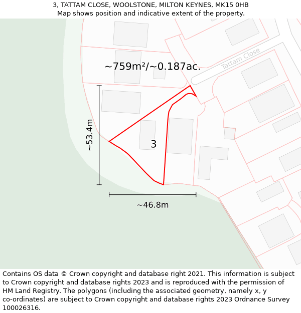 3, TATTAM CLOSE, WOOLSTONE, MILTON KEYNES, MK15 0HB: Plot and title map