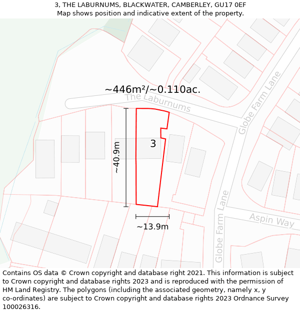 3, THE LABURNUMS, BLACKWATER, CAMBERLEY, GU17 0EF: Plot and title map