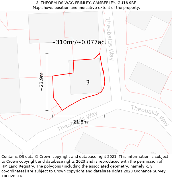 3, THEOBALDS WAY, FRIMLEY, CAMBERLEY, GU16 9RF: Plot and title map