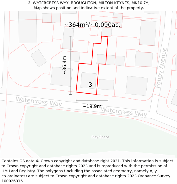 3, WATERCRESS WAY, BROUGHTON, MILTON KEYNES, MK10 7AJ: Plot and title map