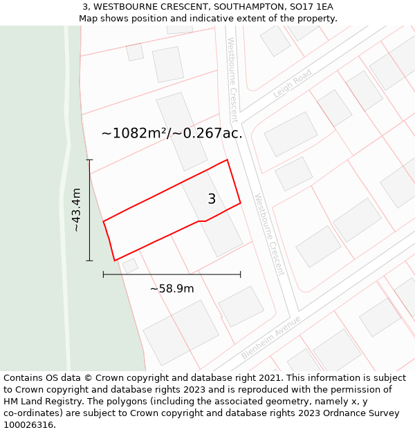 3, WESTBOURNE CRESCENT, SOUTHAMPTON, SO17 1EA: Plot and title map