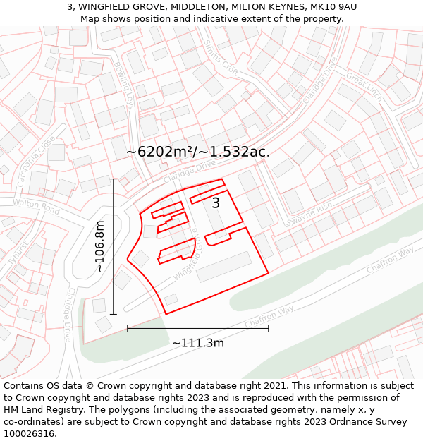 3, WINGFIELD GROVE, MIDDLETON, MILTON KEYNES, MK10 9AU: Plot and title map