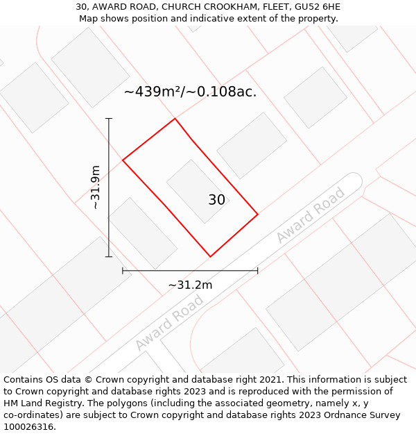 30, AWARD ROAD, CHURCH CROOKHAM, FLEET, GU52 6HE: Plot and title map