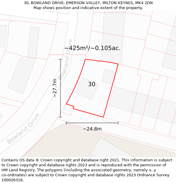 30, BOWLAND DRIVE, EMERSON VALLEY, MILTON KEYNES, MK4 2DN: Plot and title map