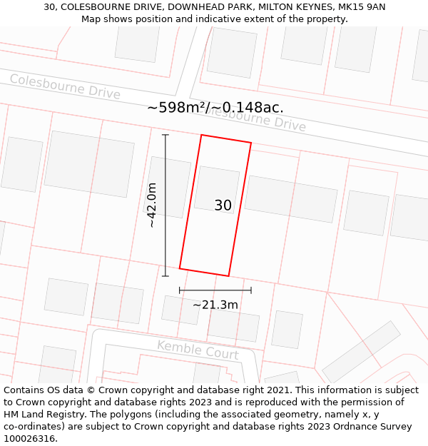 30, COLESBOURNE DRIVE, DOWNHEAD PARK, MILTON KEYNES, MK15 9AN: Plot and title map