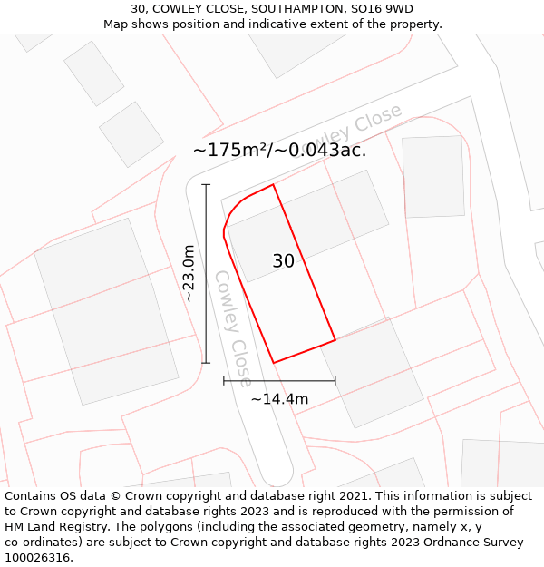 30, COWLEY CLOSE, SOUTHAMPTON, SO16 9WD: Plot and title map