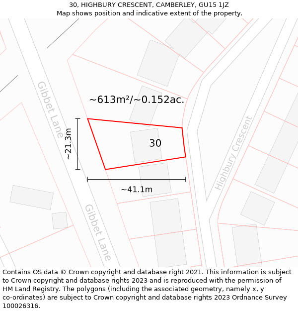 30, HIGHBURY CRESCENT, CAMBERLEY, GU15 1JZ: Plot and title map