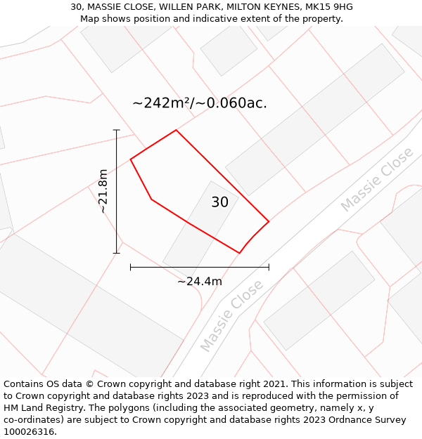 30, MASSIE CLOSE, WILLEN PARK, MILTON KEYNES, MK15 9HG: Plot and title map