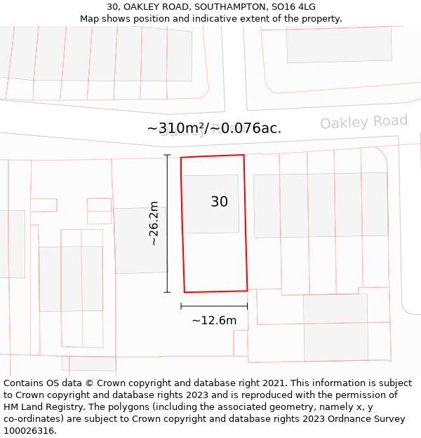 30, OAKLEY ROAD, SOUTHAMPTON, SO16 4LG: Plot and title map