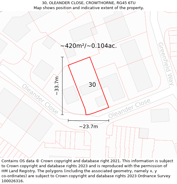 30, OLEANDER CLOSE, CROWTHORNE, RG45 6TU: Plot and title map