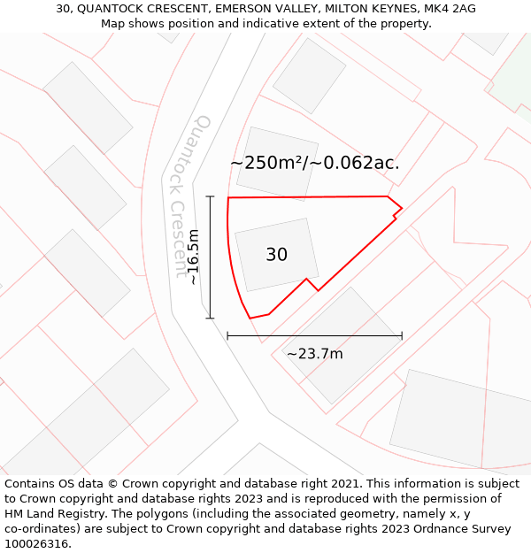 30, QUANTOCK CRESCENT, EMERSON VALLEY, MILTON KEYNES, MK4 2AG: Plot and title map