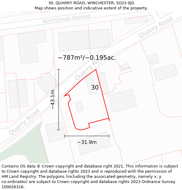 30, QUARRY ROAD, WINCHESTER, SO23 0JG: Plot and title map