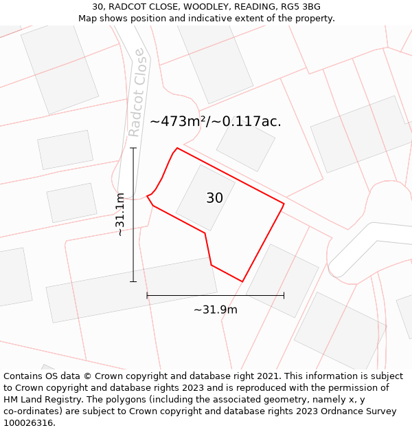 30, RADCOT CLOSE, WOODLEY, READING, RG5 3BG: Plot and title map