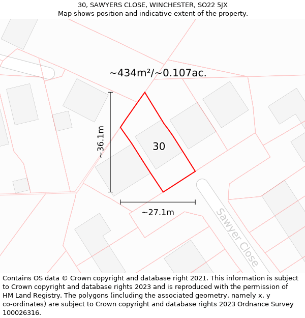 30, SAWYERS CLOSE, WINCHESTER, SO22 5JX: Plot and title map