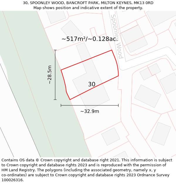 30, SPOONLEY WOOD, BANCROFT PARK, MILTON KEYNES, MK13 0RD: Plot and title map