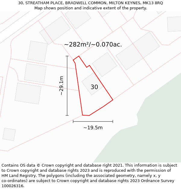 30, STREATHAM PLACE, BRADWELL COMMON, MILTON KEYNES, MK13 8RQ: Plot and title map