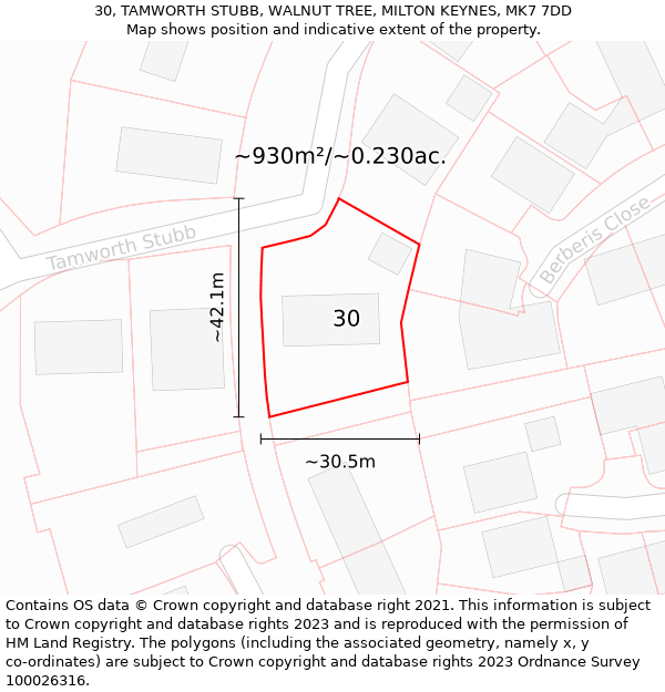 30, TAMWORTH STUBB, WALNUT TREE, MILTON KEYNES, MK7 7DD: Plot and title map