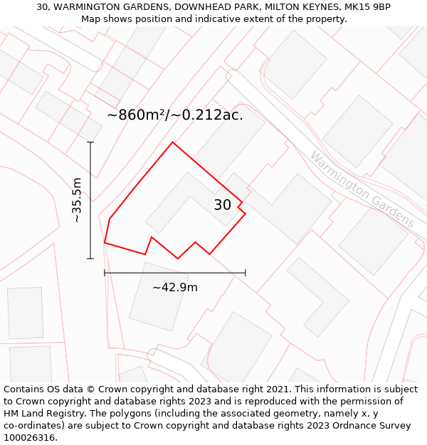 30, WARMINGTON GARDENS, DOWNHEAD PARK, MILTON KEYNES, MK15 9BP: Plot and title map