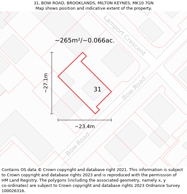 31, BOW ROAD, BROOKLANDS, MILTON KEYNES, MK10 7GN: Plot and title map