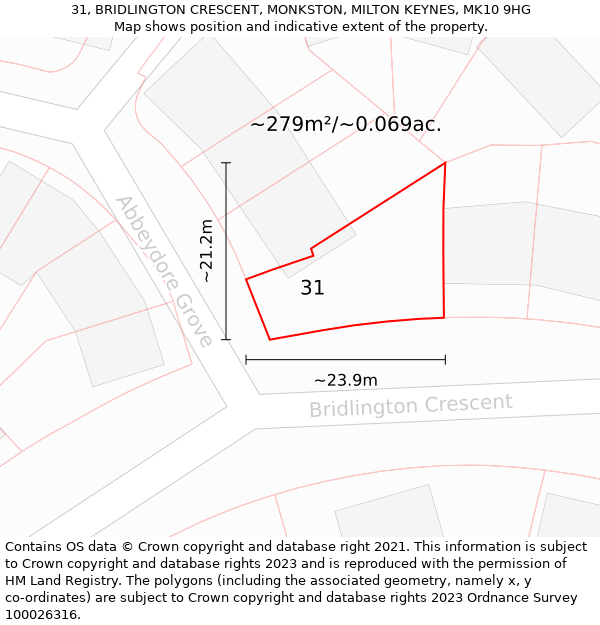 31, BRIDLINGTON CRESCENT, MONKSTON, MILTON KEYNES, MK10 9HG: Plot and title map