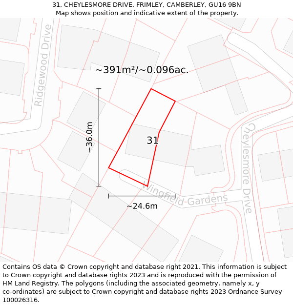 31, CHEYLESMORE DRIVE, FRIMLEY, CAMBERLEY, GU16 9BN: Plot and title map