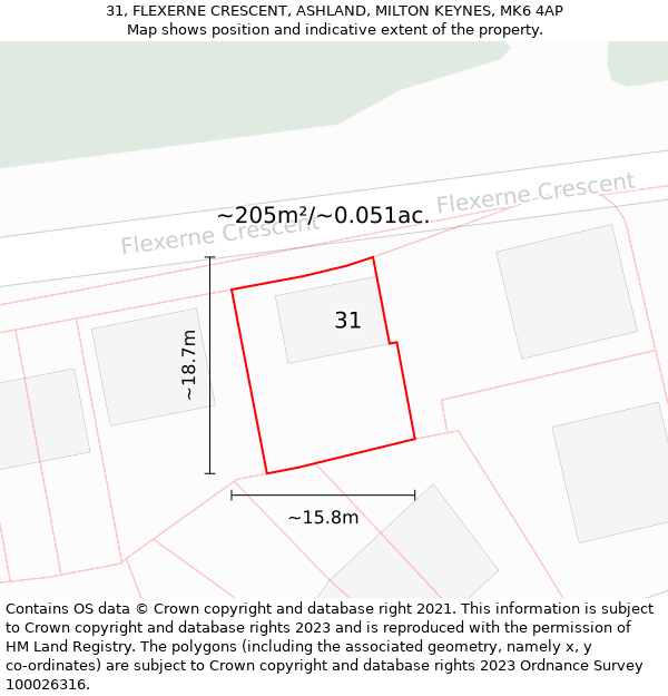 31, FLEXERNE CRESCENT, ASHLAND, MILTON KEYNES, MK6 4AP: Plot and title map