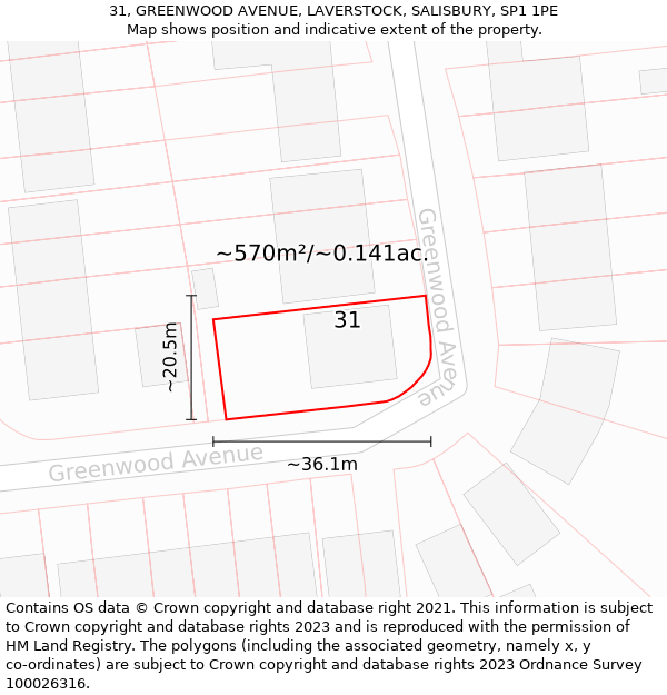 31, GREENWOOD AVENUE, LAVERSTOCK, SALISBURY, SP1 1PE: Plot and title map