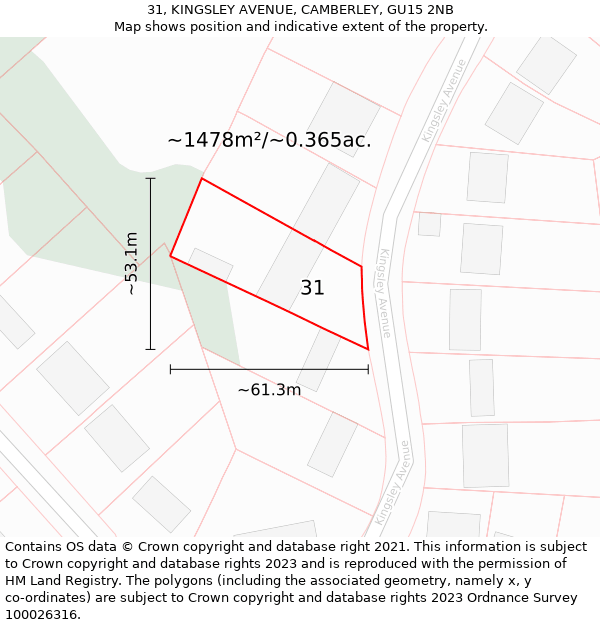 31, KINGSLEY AVENUE, CAMBERLEY, GU15 2NB: Plot and title map
