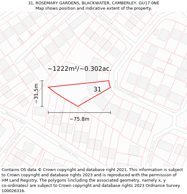 31, ROSEMARY GARDENS, BLACKWATER, CAMBERLEY, GU17 0NE: Plot and title map