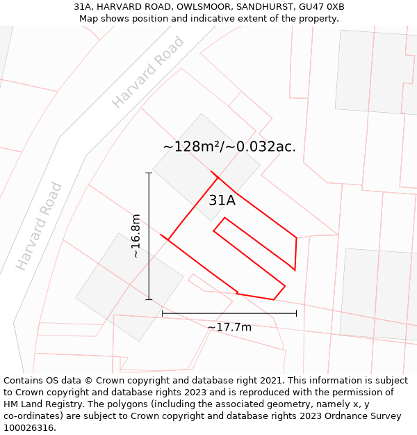 31A, HARVARD ROAD, OWLSMOOR, SANDHURST, GU47 0XB: Plot and title map