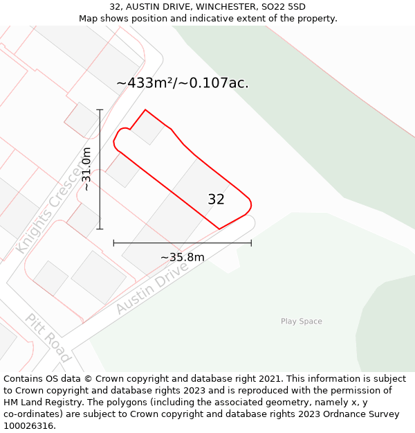 32, AUSTIN DRIVE, WINCHESTER, SO22 5SD: Plot and title map