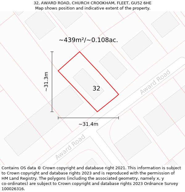 32, AWARD ROAD, CHURCH CROOKHAM, FLEET, GU52 6HE: Plot and title map