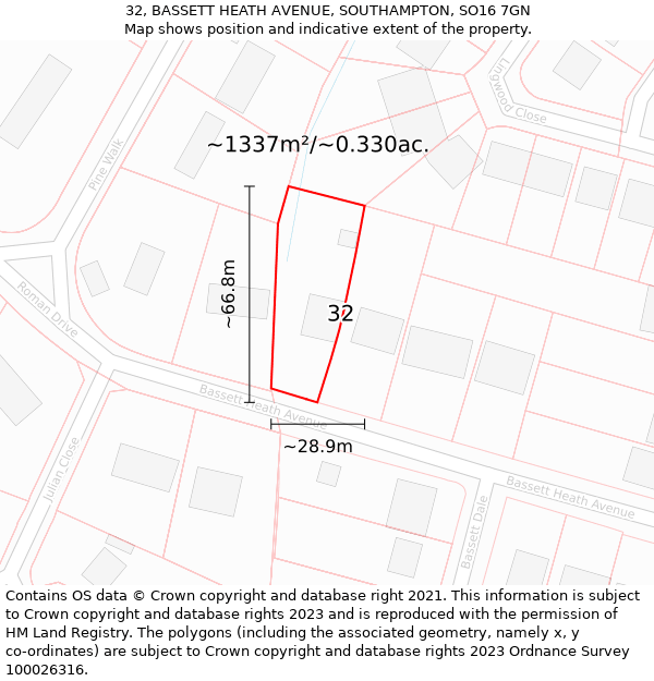 32, BASSETT HEATH AVENUE, SOUTHAMPTON, SO16 7GN: Plot and title map