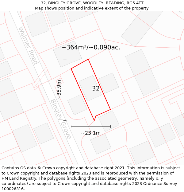 32, BINGLEY GROVE, WOODLEY, READING, RG5 4TT: Plot and title map
