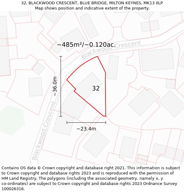 32, BLACKWOOD CRESCENT, BLUE BRIDGE, MILTON KEYNES, MK13 0LP: Plot and title map