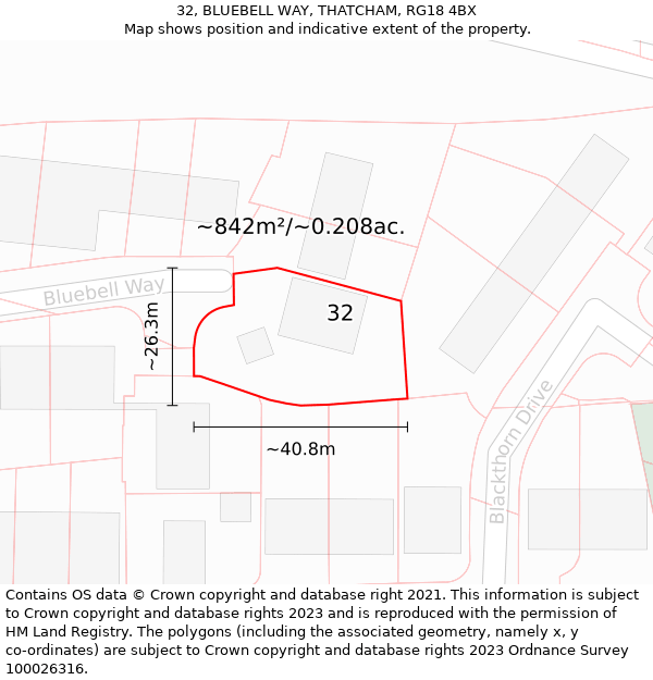 32, BLUEBELL WAY, THATCHAM, RG18 4BX: Plot and title map